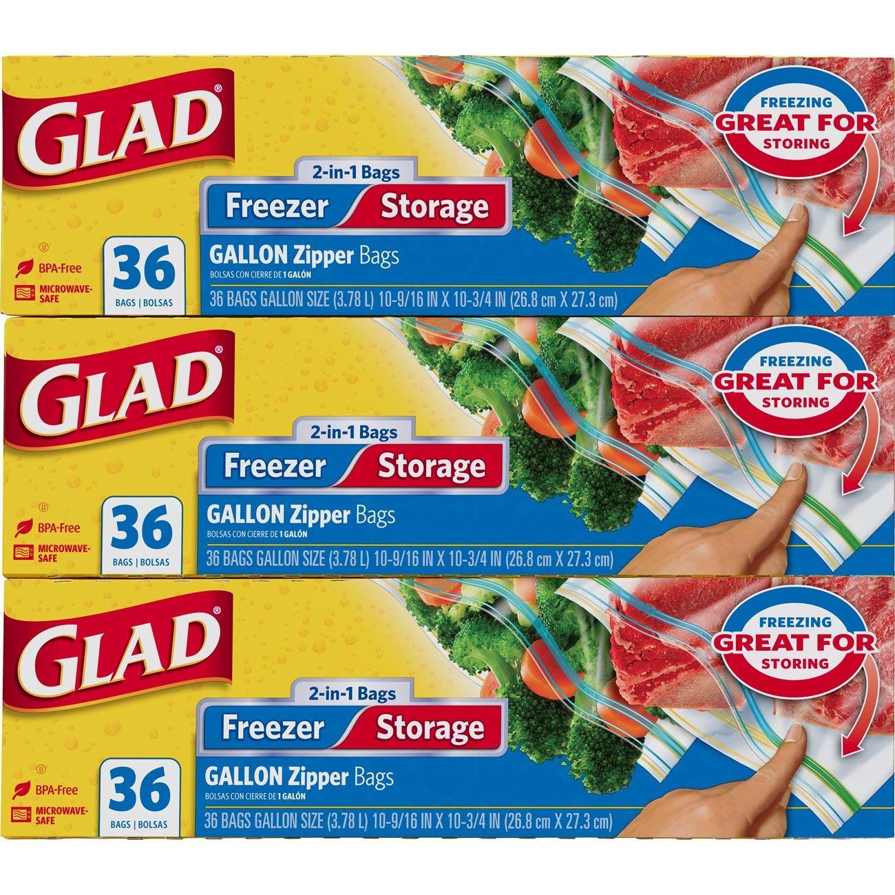 Glad Food Storage and Freezer 2 in 1 Zipper Bags Gallon 36 Count
